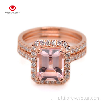 18k rose banhado a ouro almofada Morganite Moissanite Anel